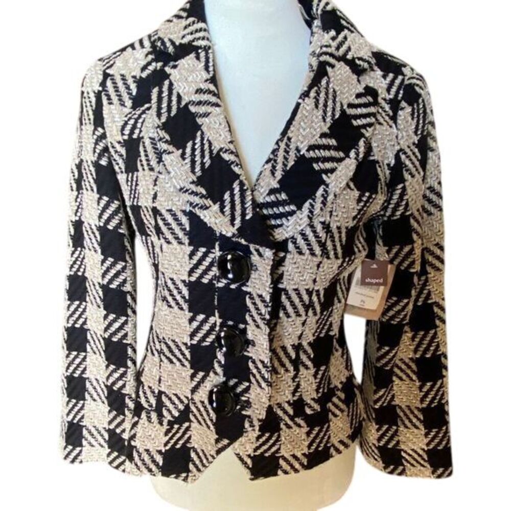 Coldwater Creek‎ Textured Houndstooth Check Blazer Black Cream Button Front 6P